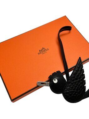 HERMES Birdy Exotic Touch Bag Charm “Noir” Shiny Lizard & Matte Alligator PHW